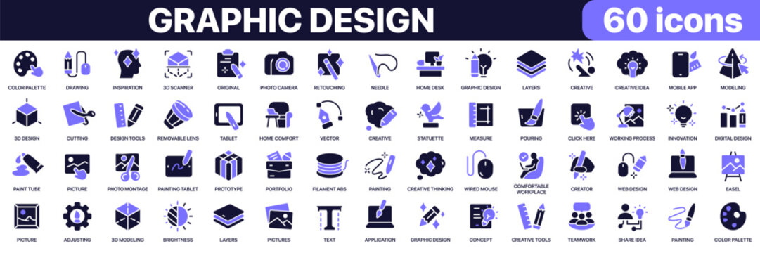 Graphic design icon collection in purple colored style. Includes retouching, painting, vector, creativity, typography, modeling and designer workspace icons in flat fill style