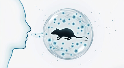 Fototapeta premium Hantavirus airborne transmission concept with human breathing near infected mouse silhouette in viral bubble, respiratory disease prevention and zoonotic infection illustration