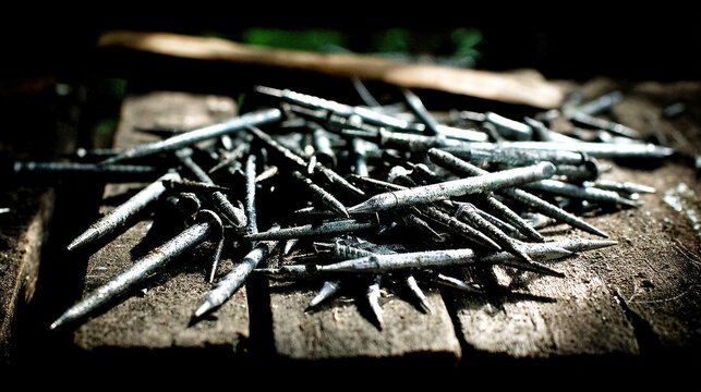 A Collection of Rusty Metal Nails Scattered on a Wooden Workbench