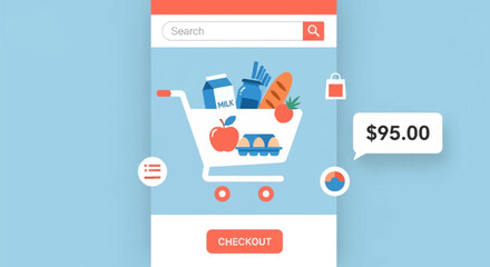 Digital shopping cart filled with fresh groceries shown on a mobile application screen interface featuring a clear checkout button and a total price display for a modern online grocery service © MstParvin