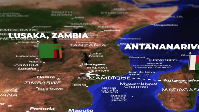 Flight From Antananarivo MADAGASCAR to Lusaka ZAMBIA with flag pins
