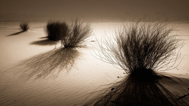 Arid Landscape with Sparse Thorny Bushes Clinging to Sandy Terrain Under Hazy Sunlight