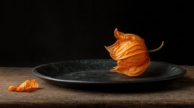 A Single Withered Orange Vegetable on a Cracked Dark Plate