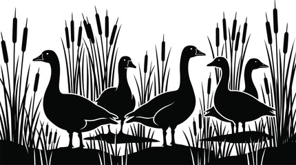 Black silhouette illustration of geese standing among cattails and grass in marsh wetland natural wildlife scene © It's Bishaaaaaal