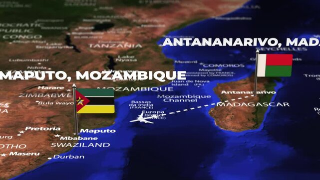 Flight From Antananarivo MADAGASCAR to Maputo MOZAMBIQUE with flag pins
