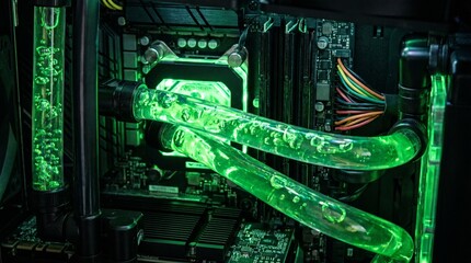 Fototapeta premium Glass fiber optic cables illuminated in server rack with green lighting