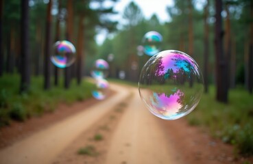 Fototapeta premium Large iridescent soap bubbles float on a forest path. Rainbow colors shimmer on thin surfaces. Magical natural scene, soft focus background.