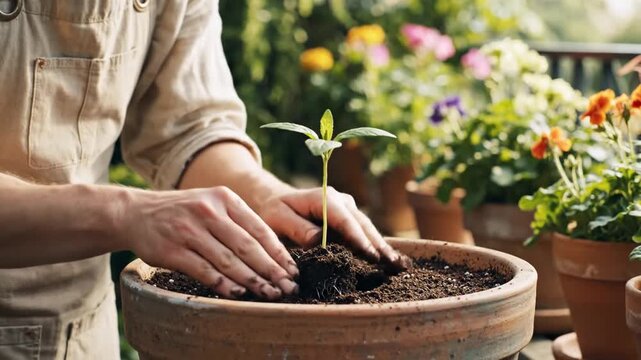 Hands planting small seedling into terracotta pot outdoors