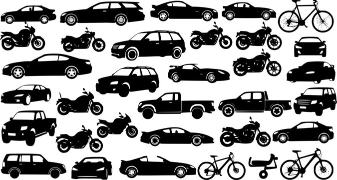 Side view line icons of various vehicle types including passenger cars trucks delivery vans public buses and city trams on background.
