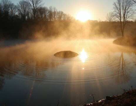 Sunrise mist rises from calm pond surface. Sun rays illuminate gentle fog and water ripples. Peaceful nature landscape at dawn, rural wetland scene.