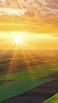 Cinematic aerial drone footage of a beautiful agricultural landscape at sunset. Golden sunlight shines over rural fields while a warm orange sky with clouds glows above the horizon