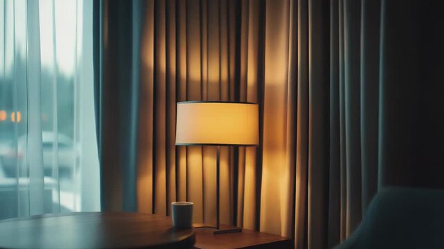 Cozy room interior with an illuminated lamp, dark curtains, and a small table beside an armchair, creating a tranquil and relaxing evening atmosphere perfect for unwinding