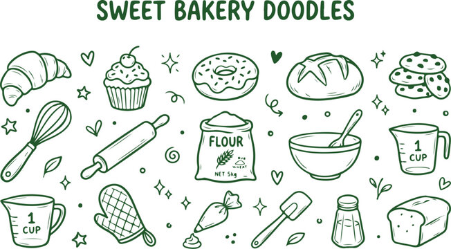 Sweet Bakery Doodle Delight: A charming hand-drawn collection of bakery essentials and treats, perfect for illustrating the art of baking with a touch of whimsy.