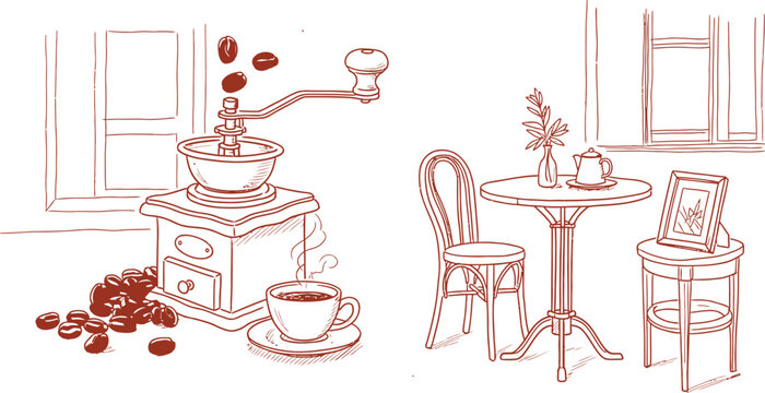 Vintage coffee station sketch with hand crank grinder table setting and window view