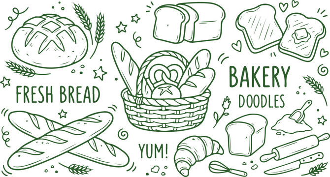 Bakery Doodle Collection: An array of delightful bakery doodles, featuring fresh bread, croissants, pretzels, and various baked goods, creating a visually appealing illustration.