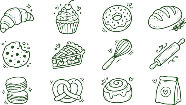Bakery Delights: A delightful assortment of freshly baked pastries and baking essentials, each element presented with charming linework, designed to represent the joy of baking.