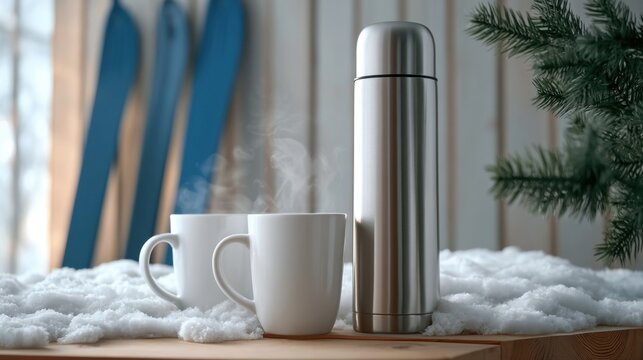 Steaming white ceramic cup and mug with silver thermos on wooden table surrounded by snow and ski equipment in cozy winter cabin setting