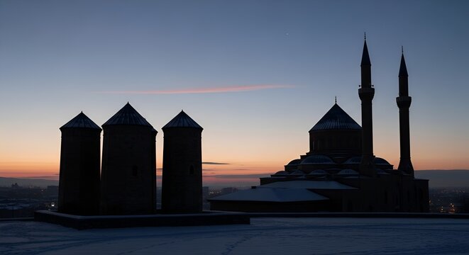 Mosque and historic silos at sunrise, winter landscape, silhouette at dawn