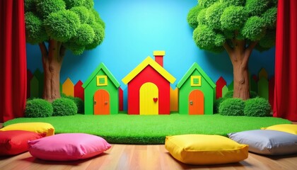Obraz premium Colorful stage with handmade props, green grass, fake trees, and bright red curtains. Three small houses with yellow roofs and doors create a playful scene for a children play.