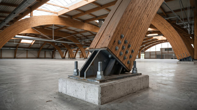 Glulam laminated arch springing onto a concrete pedestal at the base of a long-span sports hall under crisp morning daylight before the cladding installation crew arrives