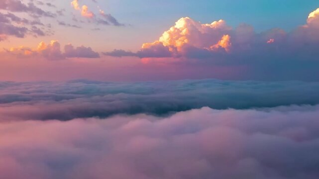 Colorful sunset sky above fluffy clouds aerial landscape