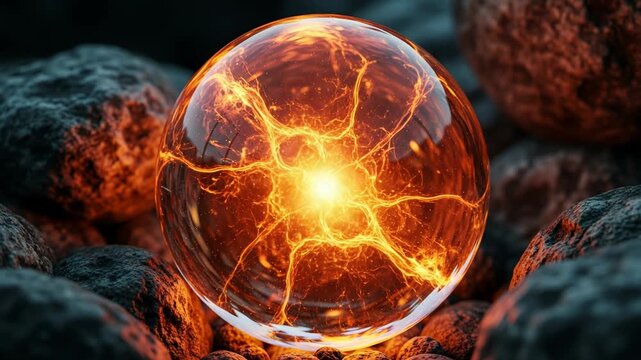 Glowing energy orb in rocky landscape