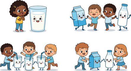 Fototapeta premium Cute Kids with Happy Milk Carton Bottle and Glass Characters Cartoon Collection for Healthy Nutrition Education Design