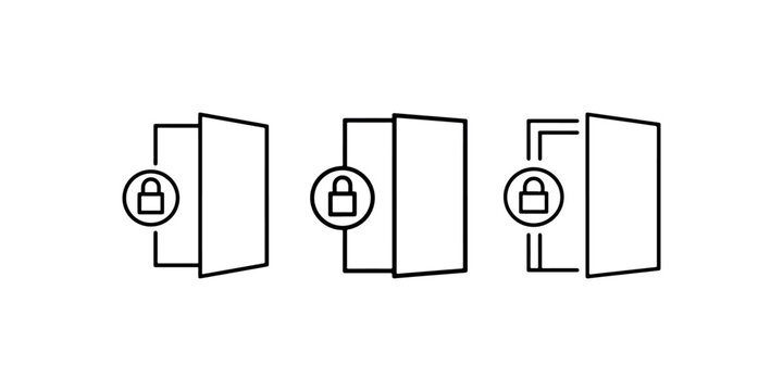 Set of locked door icons featuring open entrance with padlock symbol in circle thin line vector graphics for security access control and privacy design.