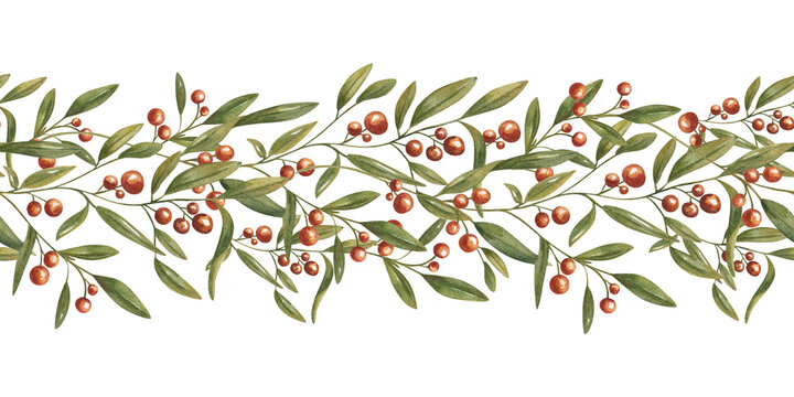 Watercolor seamless border with red berries and green leaves. Botanical horizontal banner of plant branch for Christmas invitation, greeting card, wedding decoration and textile design