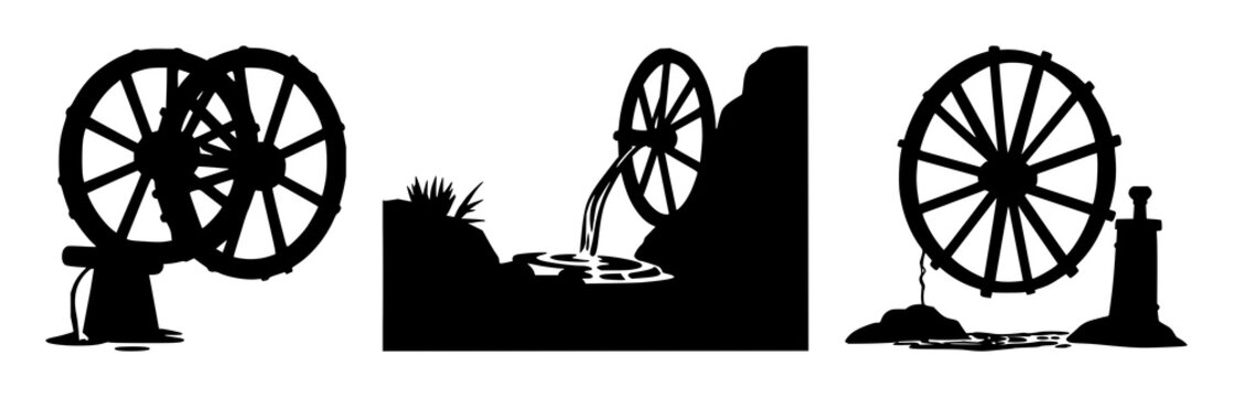 Water wheel set with black silhouette on white background featuring hydro power, energy, machinery, transportation with efficiency and sustainability