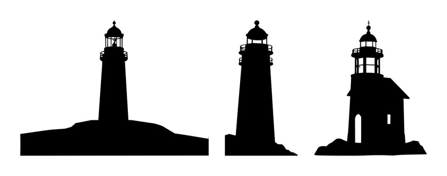 Lighthouse set with a clean black silhouette design featuring an isolated tower, beacon, nav light with a coastal and marine theme