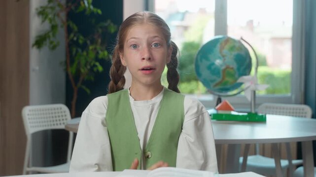 Shocked Caucasian little girl open mouth big eyes looking at camera posing in class back to school child kid pupil daughter feel shock schoolkid fail test exam education studying frightened knowledge