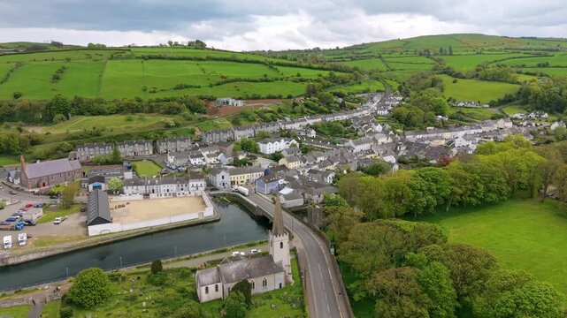 Travelling overhead 4K 60FPS aerial video of Glenarm in County Antrim, Northern Ireland in the UK. Produced in 3840x2160 and with Rec709 color.