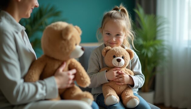 Young girl holds teddy bear with therapist. Child therapy session with soft toy for comfort and guidance. Safe space for emotional support and healing in cosy room.