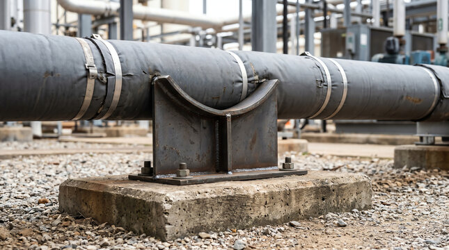 Welded steel pipe shoe T-support on an insulated chilled-water line resting on a concrete sleeper at a campus chilled-water distribution trench under flat overcast site light