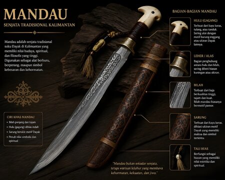 Traditional Dayak Mandau Sword from Kalimantan Indonesia with Carved Wooden Sheath and Hornbill Motif Handle