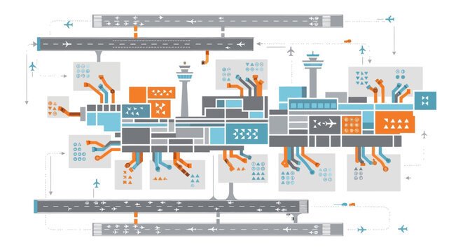 A complex technical diagram or flowchart with various colored lines and boxes.