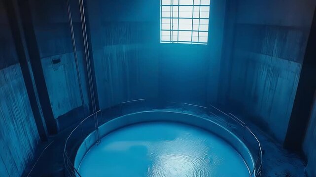 Industrial concrete room featuring a large circular tank filled with glowing blue water, creating an eerie, mysterious, and solitary atmosphere with light filtering from a window above