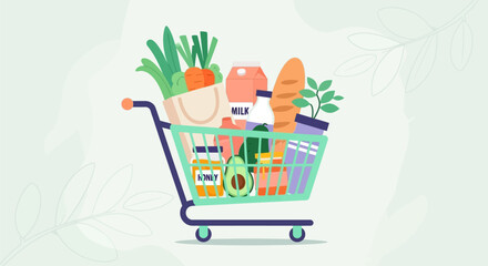 Vibrant illustration featuring a metal grocery shopping cart filled to the brim with healthy fresh organic produce bread milk and various food items for a balanced daily diet and nutrition © MstParvin