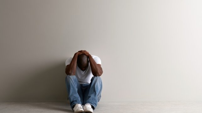 man sitting on floor with head in hands in empty room &mdash; emotional distress and abuse-awareness concept for counseling and support materials