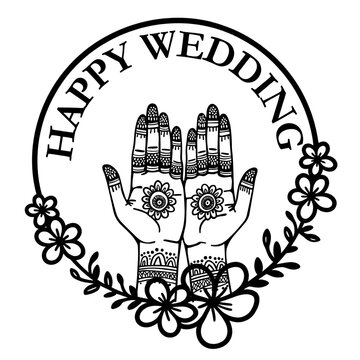 Happy Wedding Mehndi Hands Floral Circle Badge Vector for Indian Bride Invitation Card