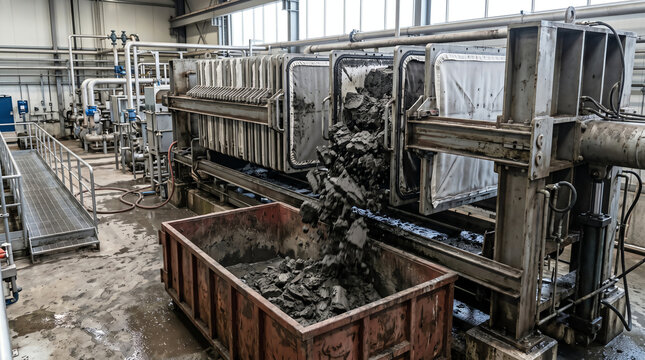 Plate-and-frame sludge press at the cake-discharge moment with thick stackable solids dropping into a roll-off container under low golden side-light through clerestory windows