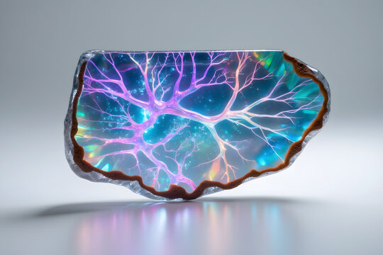 Abstract 3D biotech concept with glowing neon synapses inside quartz crystal geode slice with cosmic background