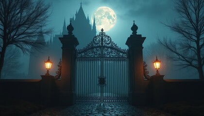 Fototapeta premium Ornate iron gates guard a mysterious castle in foggy moonlight. Ornate lamps illuminate the cobble path leading to the ominous structure, with bare trees framing the eerie scene.