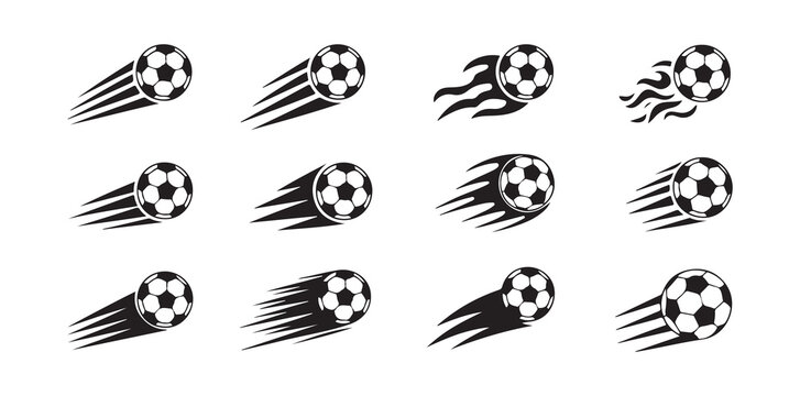 Soccer ball icons with motion trails and flames representing speed and power