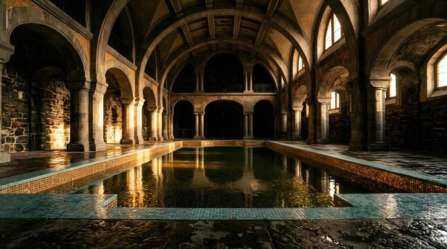Atmospheric indoor swimming pool in ancient Roman baths