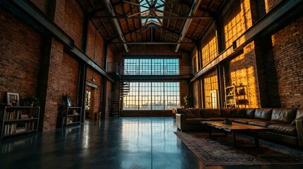 Fototapeta premium Industrial Loft Design: Spacious Warehouse Interior with Large Windows