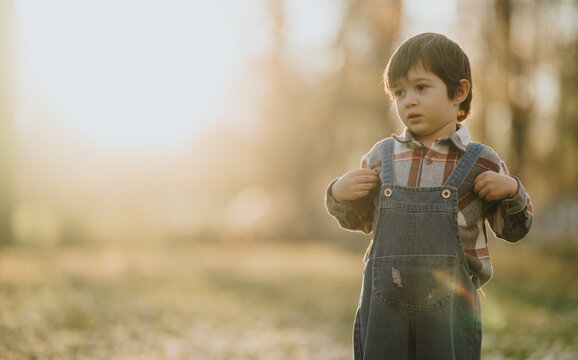 A young boy wearing denim overalls stands in a sunlit outdoor field. Golden autumn light surrounds him as he looks thoughtfully into the distance.