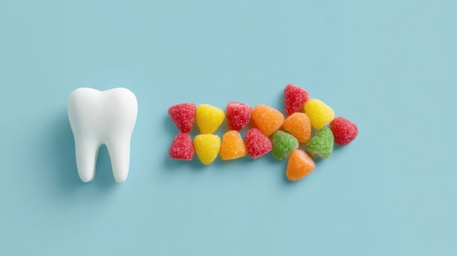 Close-up of white tooth model next to colorful sugary gummy candies arranged on pastel blue background symbolizing dental health and cavity risk concept