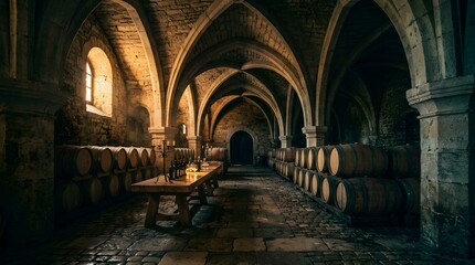 Obraz premium Rustic cellar interior with wine barrels and vaulted architecture